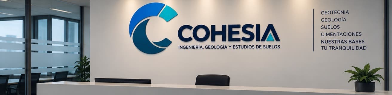 Pared de recepción con el logo de COHESIA y los servicios geotecnia, geología, suelos y cimentaciones